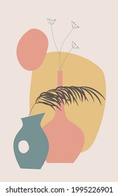 Earth tone boho foliage line art drawing. Hand drawn plants, shapes, herbs, leaves and vases. Tropical floral design. Minimal and natural Modern vector illustration, poster, wall art, print, cover.
