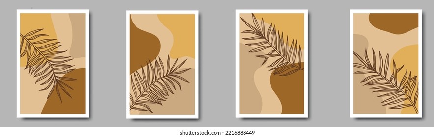  Earth tone boho foliage line art drawing with abstract shape.