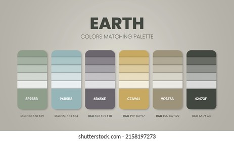 Farbpaletten oder Farbschemata für den Erdton sind Trends und Farbenführer in diesem Jahr, Tafelfarben in RGB oder HEX. Farbuhr für eine tropische Sommermode, Heimat oder Innenausstattung.