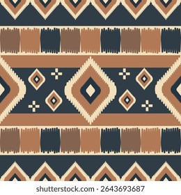 Earth tone geometric seamless ikat patterns with tribal motifs. Warm boho and handwoven-style design perfect for fabric, wallpaper, packaging, and ethnic-inspired decor.