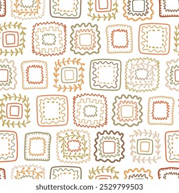 Earth tone hand drawn square shapes seamless pattern. Vector granny square crochet print. Geometric textile design, stamps, floral frames ornament for fabric, background, wrapping paper, textile.