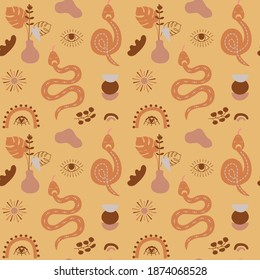 Earth tone pattern. Boho elements folk ornate snake baby rainbow shapes vase with plant moon eye Tribal background.