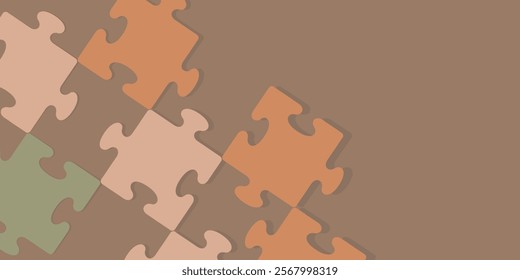 Earth tone puzzle pieces on a brown background. Minimalist concept illustrating connection, problem solving and unity.