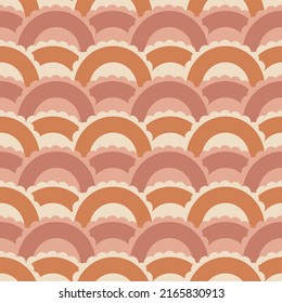 Earth tone scallop seamless vector pattern. Natural earthy brown, orange and pink color boho geometric design. Soft neutral bohemian background. Repeat backdrop surface texture print. 