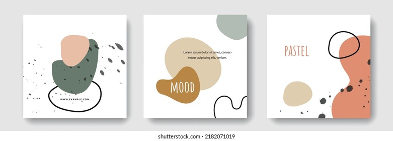 Earth tone social media layouts, organic vector illustrations, square business templates with pastel color palette, minimal graphic design with natural concept, abstract background, web banners