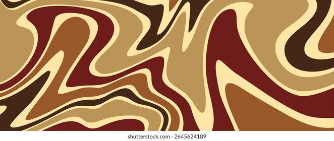 Um padrão de espiral abstrato em tons de terra, combinando tons de marrom, bege, bronzeado, marrom e creme. O design tem uma sensação psicodélica retrô, inspirada nos anos 70, com um fluxo suave e orgânico.
