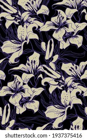 Earth tones colored spotted seamless pattern with curl silhouettes of lily flowers, buds and leaves drawn by hand with camouflage effect. Home textile, wallpaper, bedding fabric, package.