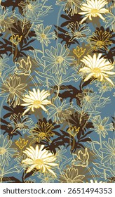 Earth tones wild flowers seamless pattern drawn by hand. Vector summer endless design in freehand style for textile, fabric, wallpaper, home decor, bedding, package.