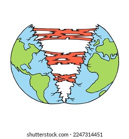 La tierra está rota a la mitad. El concepto del fin del mundo, apocalipsis, consecuencia de una explosión nuclear, desastre ecológico. Dibujo a mano libre. Doodle. Mano Cortada. Esquema.