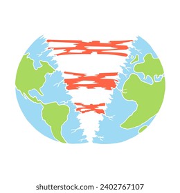 The earth is torn in half. The concept of the end of the world, apocalypse, the consequence of a nuclear explosion, ecological disaster. Freehand drawing. Doodle. Hand Drawn. Outline.	