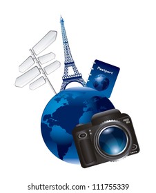 earth with tower eiffel with camera and signs. vector illustration