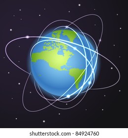 Tierra con trayectorias de satélites en el espacio profundo