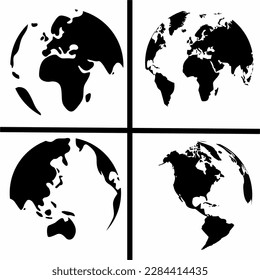 Earth transparent sphere set. Realistic world map in the shape of a globe, logo, icon