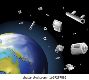 Earth and trash in the space illustration