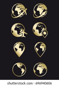 Earth, travel and navigation golden icons on black backgroud