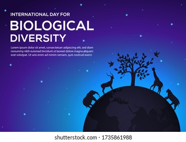 earth tree and animal in the shadow and dark blue sky vector concept for international day for biological diversity poster