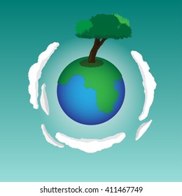 Earth tree - Giant tree on the cloudy small earth/planet 