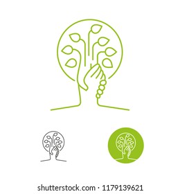 Earth and tree handshake, nature protection and environmental awareness symbol. Vector logo template.