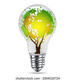 Earth tree light bulb isolated on white background.
