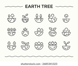 Conjunto de iconos de línea de Vector del árbol de la tierra. Paquete de iconos web. Contiene energía renovable, clima, reciclaje, tierra, arte, energía. Trazo editable. Conjunto de iconos de hoja.