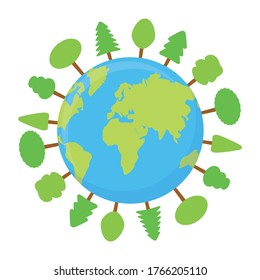 Konzept der Erdökologie und der Bäume, Vektorgrafik einzeln auf Weiß. Earth Day-Karte. 