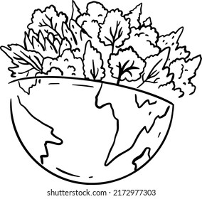 Earth, trees, hand draw line vector illustration