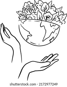 Earth, trees, hands, hand draw line vector illustration