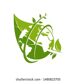 Earth with twigs and leaves surrounding the vector logo.