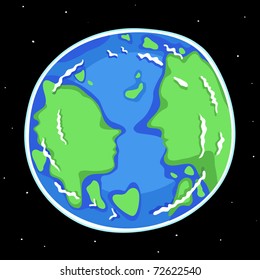 the earth with two human`s profile of face