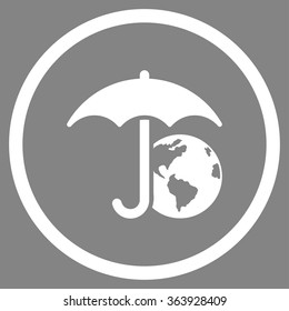 Earth Umbrella vector icon. Style is flat circled symbol, white color, rounded angles, gray background.