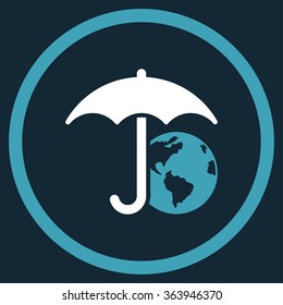 Earth Umbrella vector icon. Style is bicolor flat circled symbol, blue and white colors, rounded angles, dark blue background.