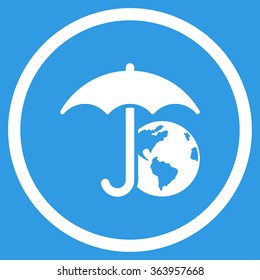 Earth Umbrella vector icon. Style is flat circled symbol, white color, rounded angles, blue background.