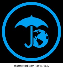 Earth Umbrella vector icon. Style is flat circled symbol, blue color, rounded angles, black background.