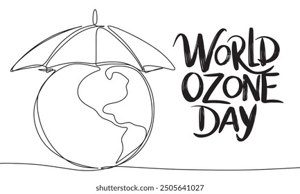 Earth under umbrella one line continuous. World Ozone Day text lettering. Hand drawn vector art