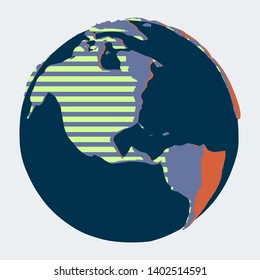 Earth with USA on foreground in abstract comic style with stripes and contrast colors of land and water
