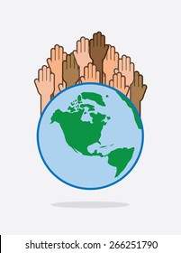 Earth with various hands raised
