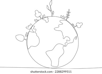 Earth and various trees around it. World environment day one-line drawing