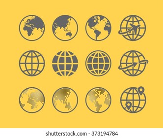 Earth Vector globe Icon set. Collection of twelve simple Earth globe / world map icons
