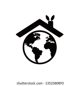 Earth vector icon on white background. Roof symbol. Protection sign. Natural leaves elements. Environment safety concept. World sphere. Ecology care. Flat simple graphic line design illustration.