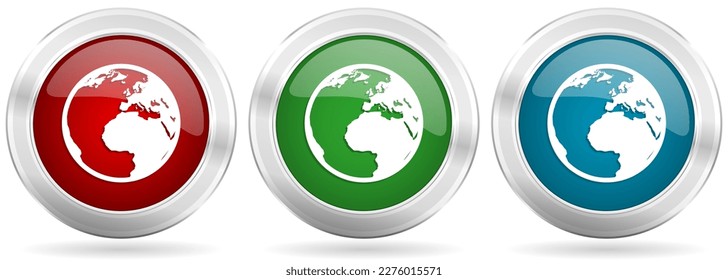 Earth vector icon set. Red, blue and green silver metallic web buttons with chrome border