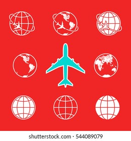 Earth vector icons set with airplane icon