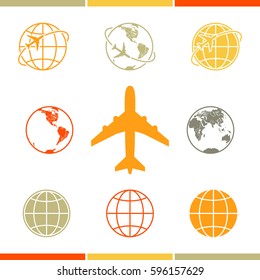 Earth vector icons set with airplane icon