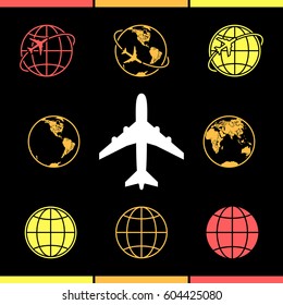Earth vector icons set with airplane icon