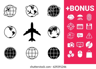 Earth vector icons set with airplane icon