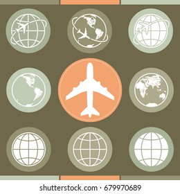 Earth vector icons set with airplane icon