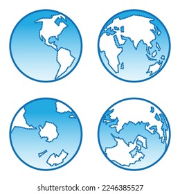 Juego de iconos de los vectores de la Tierra. Continentes de contorno de línea discontinua, continente blanco y agua azul. Ilustración vectorial.