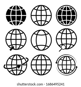 Earth vector icons set. global communication icon set. Globe and earth planet icon set. isolated on white background.