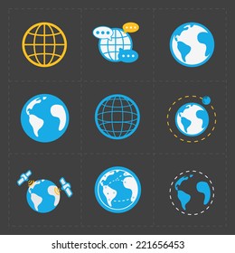 Earth vector icons set on dark background.