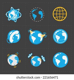 Earth vector icons set on dark background.