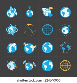 Earth vector icons set on dark background.